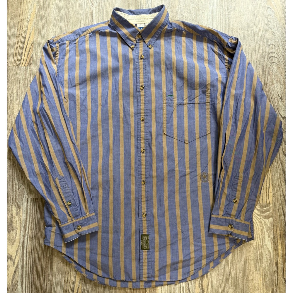 Vintage Tommy Hilfiger Mens Large Blue Tan Striped Button Down Shirt Crest Logo